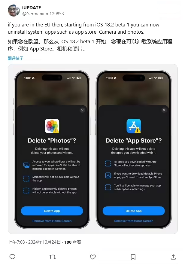 武隆苹果手机维修分享iOS 18.2 支持删除 App Store 应用商店 