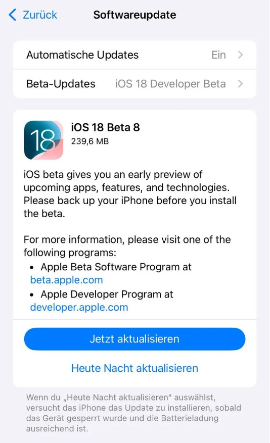 武隆苹果手机维修分享苹果 iOS / iPadOS 18 开发者预览版 Beta 8 发布 
